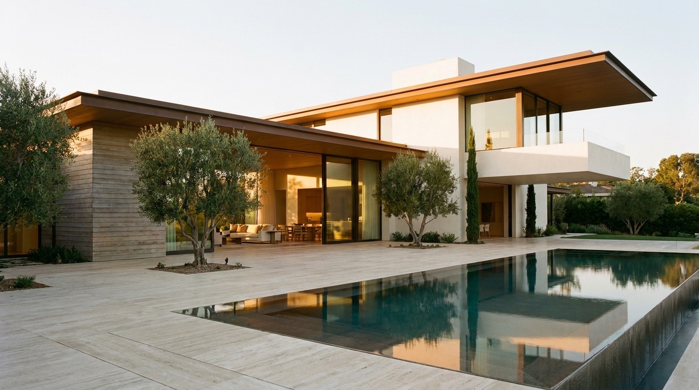 California modern estate at golden hour: white plaster volumes, warm oak wood-slat facade, deep flat roof overhangs, and an infinity-edge pool reflecting the house among olive and cypress trees.
